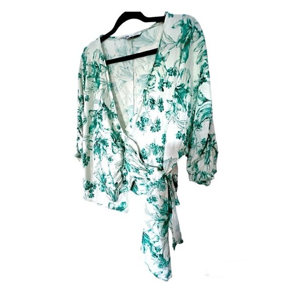ZARA WRAP CROSS TIE V NECK KIMONO STYLE WHITE GREEN PRINT TOP LINEN SIZE SMALL - Picture 2 of 9